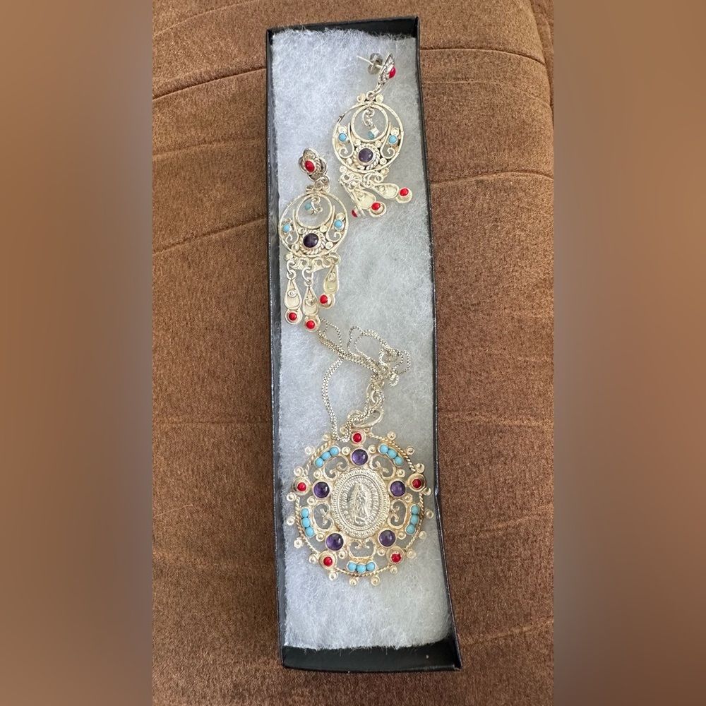 Authentic Mexican Solid Silver And Multicolor Gem… - image 2